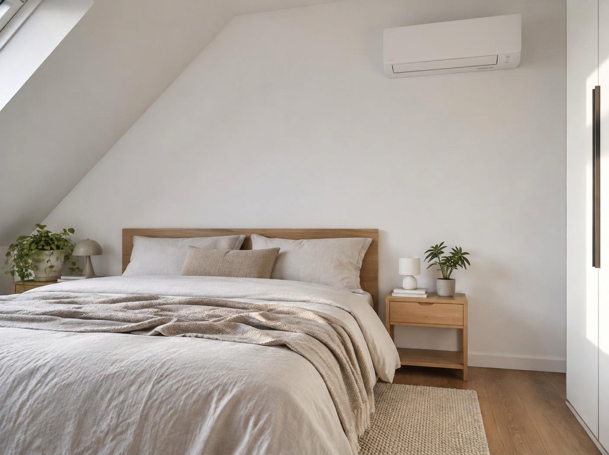 Visualisierung einer dezent integrierten Split-Klimaanlage im Schlafzimmer
