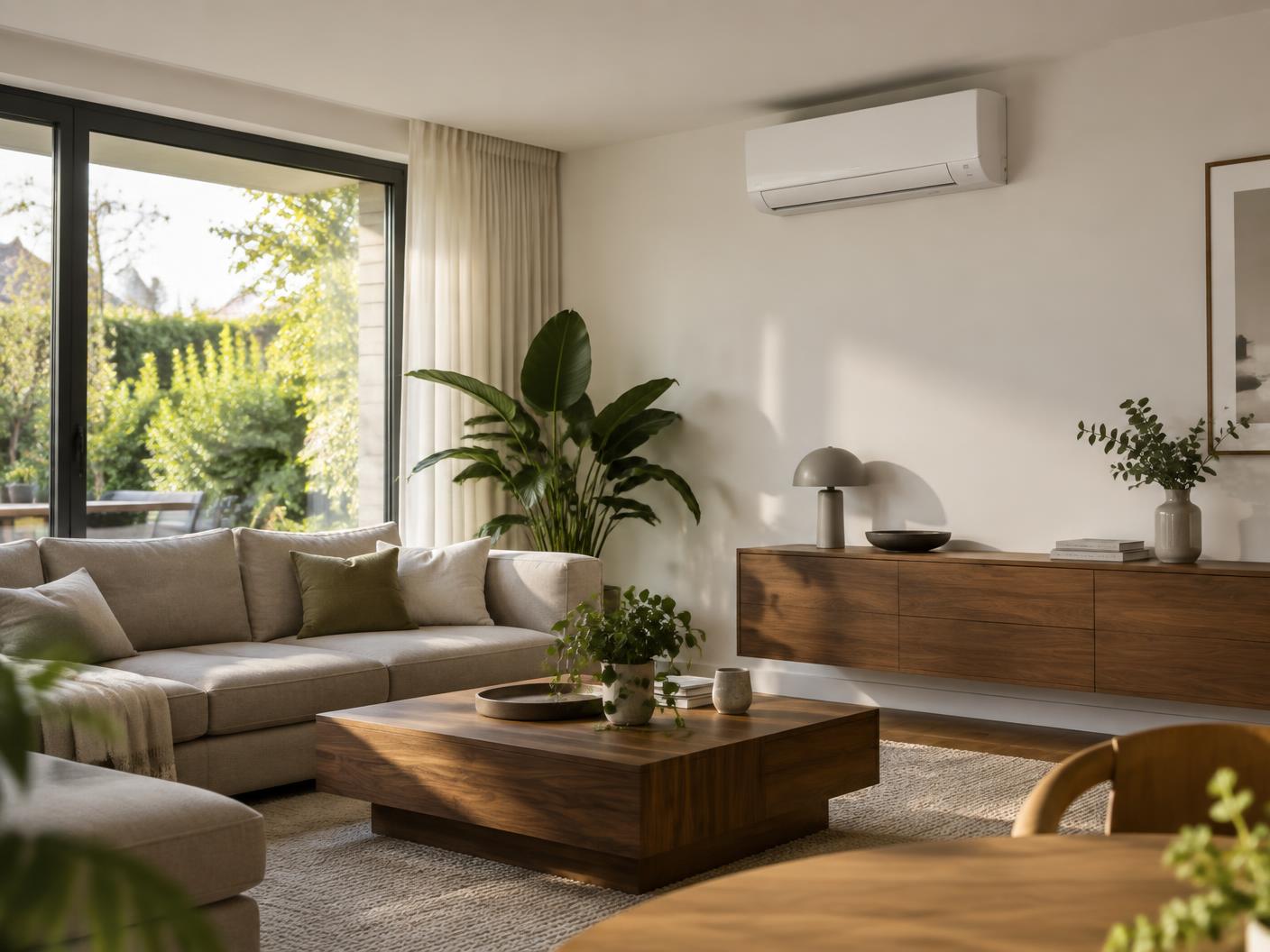 Wohnzimmer mit wandmontiertem Klimagerät
