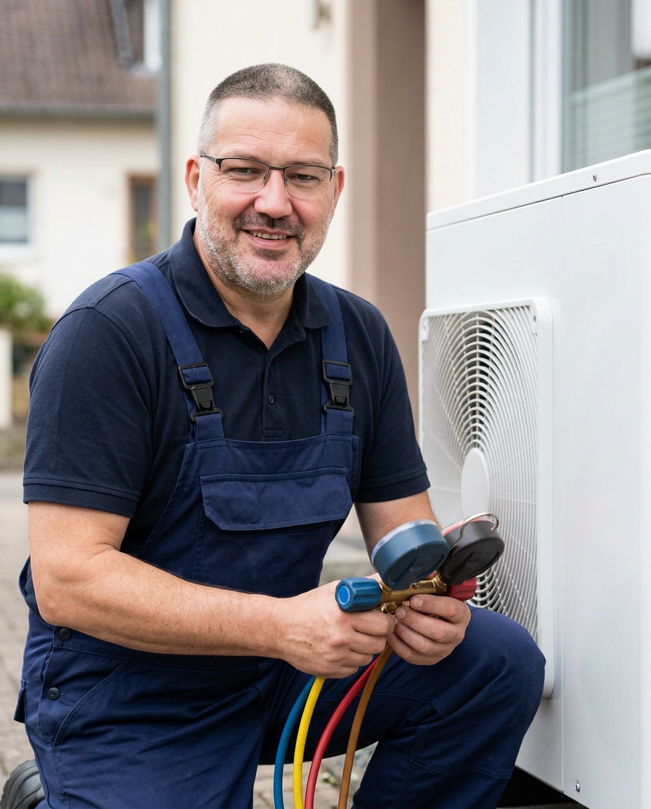 Robert Schneider, Kälteanlagenbauer, bei der Arbeit an einer Wärmepumpe